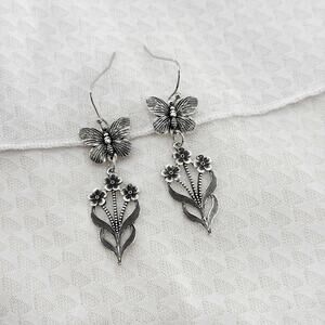 Antique Silver Butterfly Floral Dangle Earrings, Fairycore Earrings
